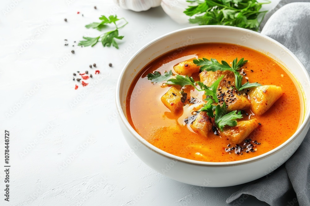 Korean fish cake soup Eomukguk with spicy gochujang served on a white table Korean fish cake soup Eomukguk with spicy gochujang served on a white table