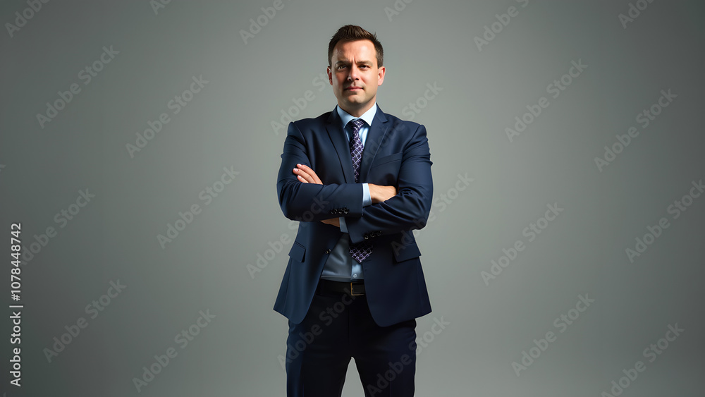 Confident businessman with arms crossed, wearing a blue suit and tie, standing against a gray background. Confident businessman with arms crossed, wearing a blue suit and tie, standing against a gray background.