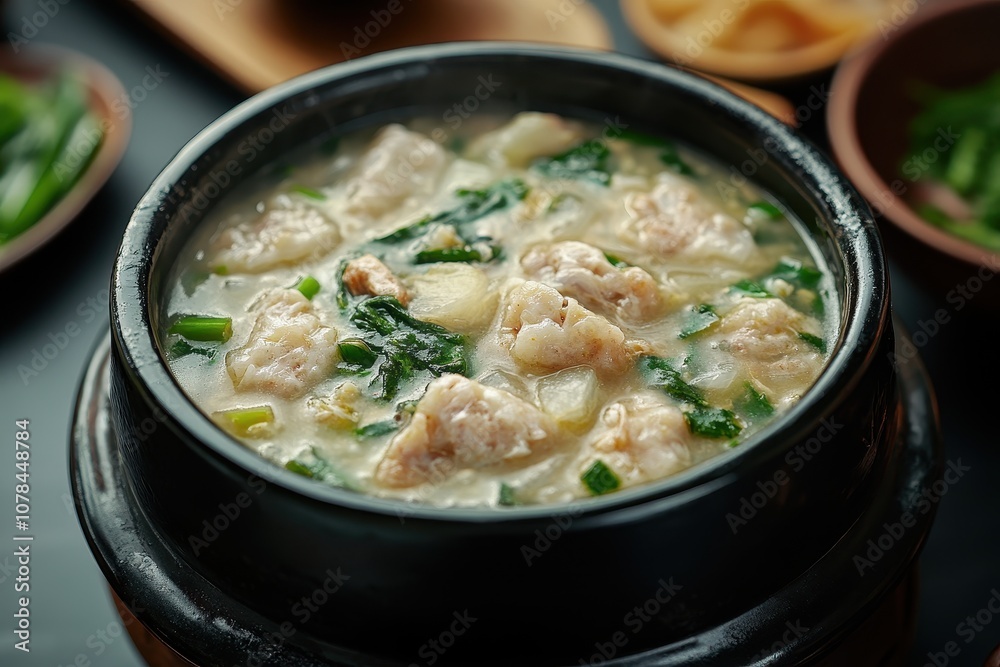 Korean fish cake soup in a traditional pot on a black table