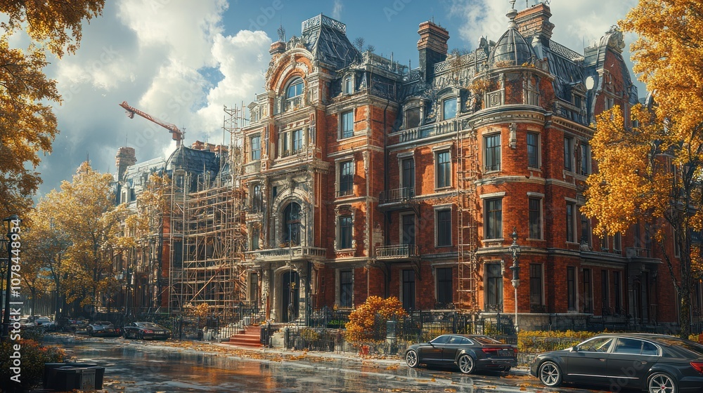 Naklejka premium A grand, historic building under renovation amidst autumn foliage.