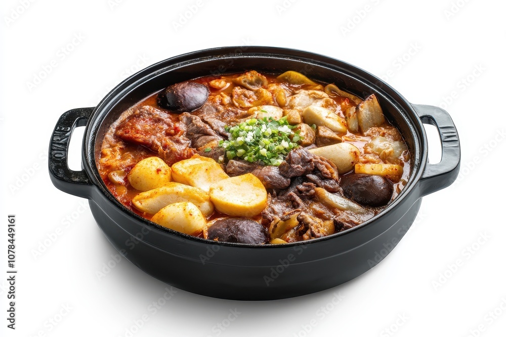 Korean food budae jjigae or hotpot on white surface Korean food budae jjigae or hotpot on white surface