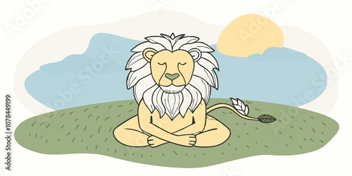 Open Field Breathing A lionlike being in a seated meditation pose with mane flowing positioned on a grassy knoll taking in the fresh air and open sky. photo