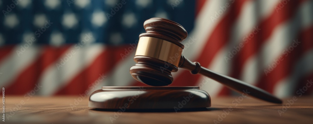Gavel on wooden block with American flag backdrop, symbolizing justice and law enforcement. Gavel on wooden block with American flag backdrop, symbolizing justice and law enforcement.