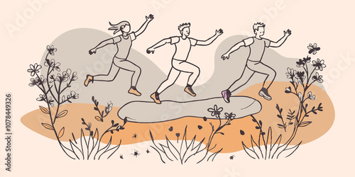 Natural Obstacle Course A trio of therians are navigating through a natural obstacle course in the forest leaping over rocks and tree roots surrounded by wildflowers.