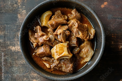 Korean Gamjatang is a flavorful spicy pork bone stew served in a bowl viewed from above