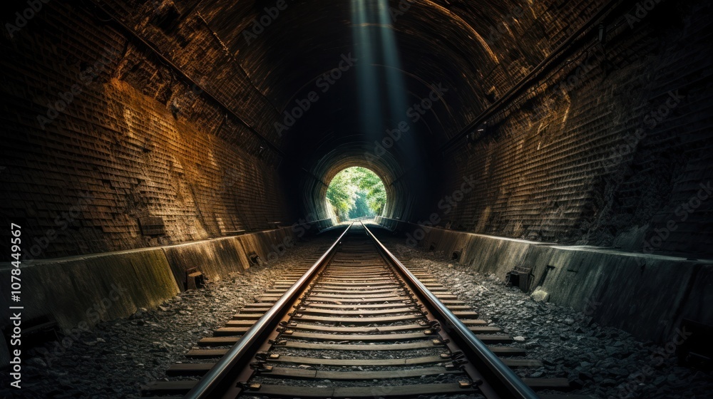 Naklejka premium A view from inside a railway tunnel looking towards the distant, visible tunnel exit, with train tracks curving gently and light at the end of the tunnel