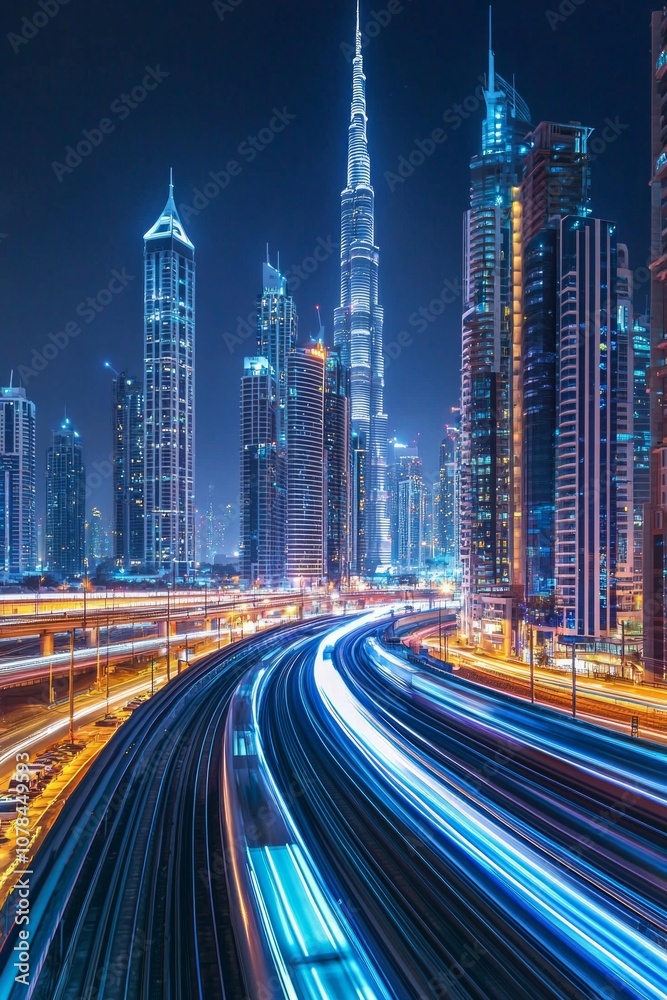 Fototapeta premium A high-speed train in motion, with a cityscape background of skyscrapers at night. The long exposure creates blurred light trails on the tracks, with a combination of blue and yellow tones