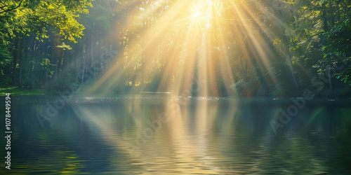 Sunlight Filtering Through Trees and Reflecting on a Serene Lake 