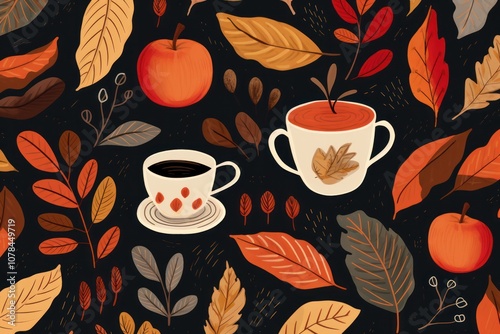 A whimsical autumn seamless pattern featuring leaves, apples, and cozy elements like scarves and hot drinks, arranged playfully on a warm, rustic backdrop