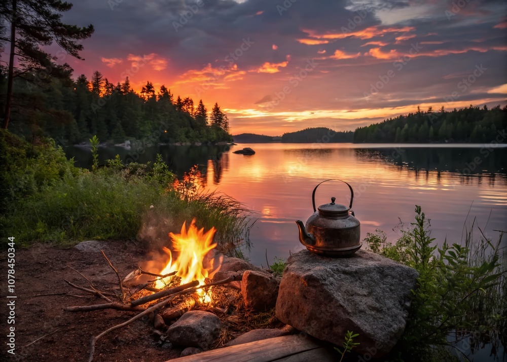 Captivating Kettle Heated Over a Bright Bonfire by the Lake at Sunset in the Forest - Perfect Evening Travel Scene for Nature Lovers and Adventurers Captivating Kettle Heated Over a Bright Bonfire by the Lake at Sunset in the Forest - Perfect Evening Travel Scene for Nature Lovers and Adventurers