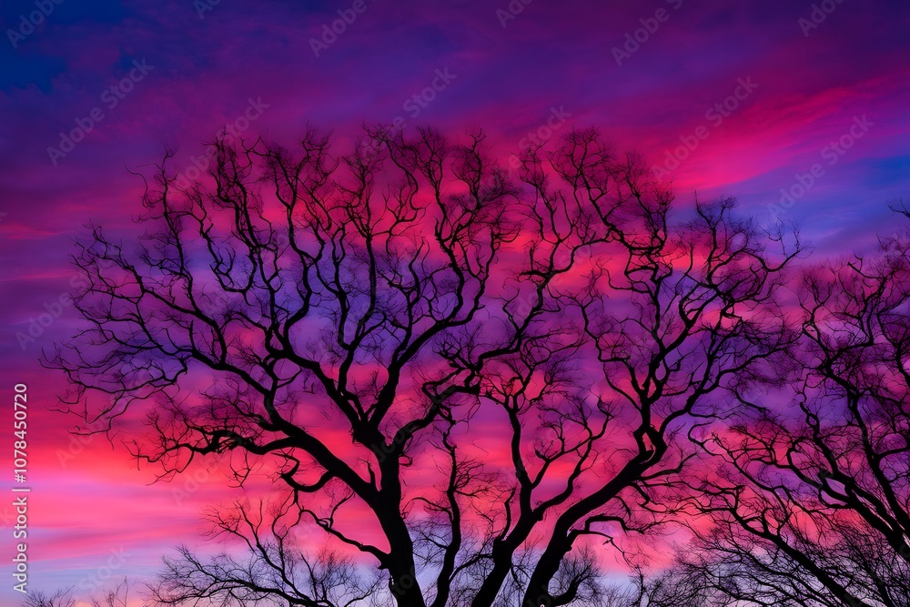 Leafless tree silhouettes against a swirling red purple and blue sunset sky, AI Generated Leafless tree silhouettes against a swirling red purple and blue sunset sky, AI Generated