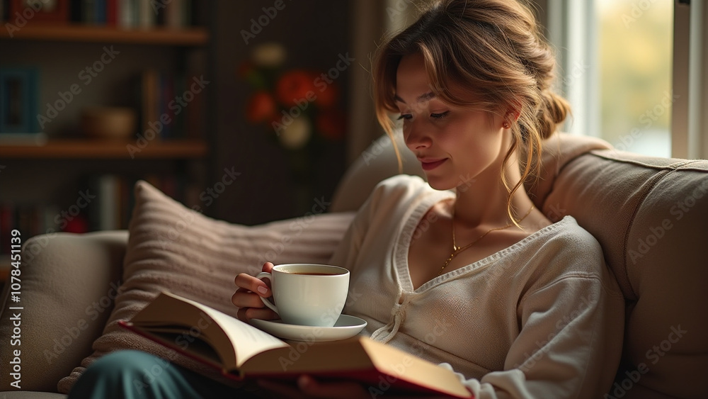 Woman relaxing on a couch reading a book and enjoying a cup of coffee Woman relaxing on a couch reading a book and enjoying a cup of coffee