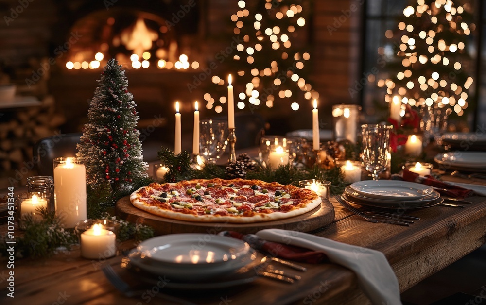Fototapeta premium Christmas Eve Pizza Dinner Setup “ Rustic wooden table setup with pizza, holiday candles, a small Christmas tree, and seasonal decorations for a cozy Christmas Eve vibe 