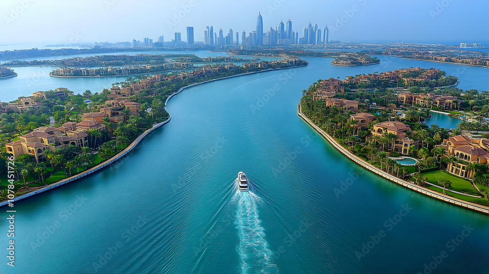 Aerial View of a Boat in a Canal with Luxury Homes and a City Skyline in the Background - Photo Aerial View of a Boat in a Canal with Luxury Homes and a City Skyline in the Background - Photo
