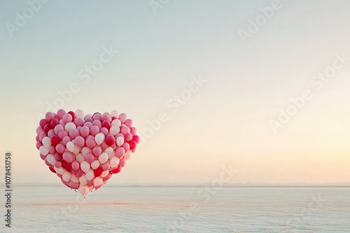 Heart-Shaped Balloon Cluster in Soft Pastel Sky at Sunset, Evoking Feelings of Love, Joy, Celebration, and Romance in a Serene Landscape Setting