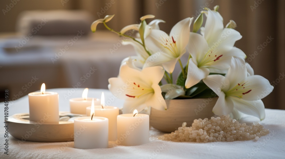 An elegant spa arrangement showcasing a table with a delicate white lily, rounded stones, and flickering candles, all bathed in soft An elegant spa arrangement showcasing a table with a delicate white lily, rounded stones, and flickering candles, all bathed in soft