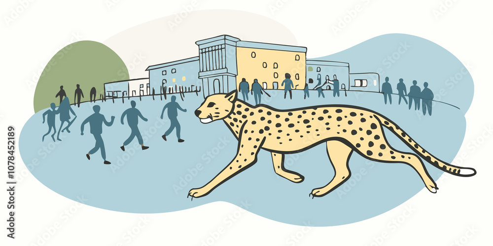 Naklejka premium Cheeta Dash A figure is captured midsprint channeling the speed of a cheetah while zigzagging through a city plaza filled with onlookers.