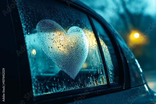 Heart Shaped Condensation on a Car Window During Rainy Night, Creating a Romantic Atmosphere with Blurred Background Lights and Soft Colors