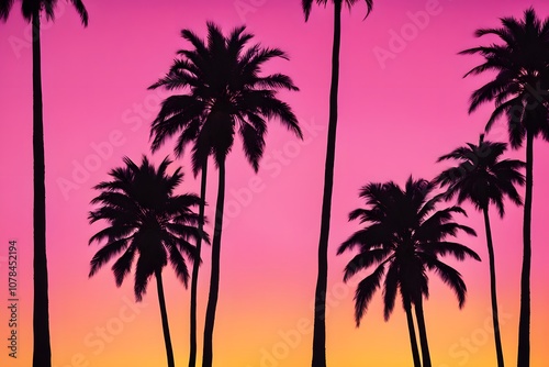 Palm trees silhouetted against a bright gradient of yellow orange and pink, Ai Generated
