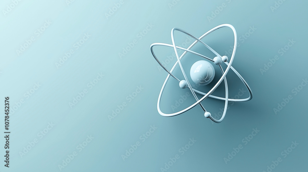 3D illustration of an atomic structure model with a central nucleus and orbiting electrons on a light blue background, representing a conceptual image of atomic science and physics. 3D illustration of an atomic structure model with a central nucleus and orbiting electrons on a light blue background, representing a conceptual image of atomic science and physics.