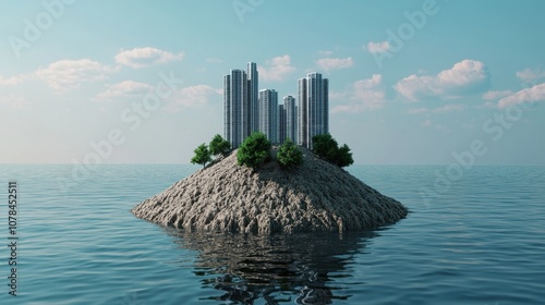 Modern skyscrapers on a small island in tranquil waters, surrounded by lush greenery under a clear blue sky. photo