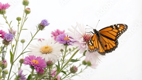 Captivating Long Exposure of a Colorful Butterfly Resting Elegantly on Vibrant Wildflowers Against a Pure White Isolate Background for Nature and Wildlife Enthusiasts