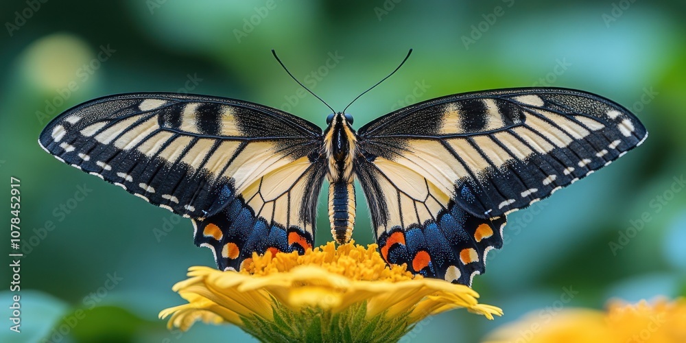 Obraz premium A swallowtail butterfly with black and yellow stripes and blue and orange spots on its wings, perched on a yellow flower.