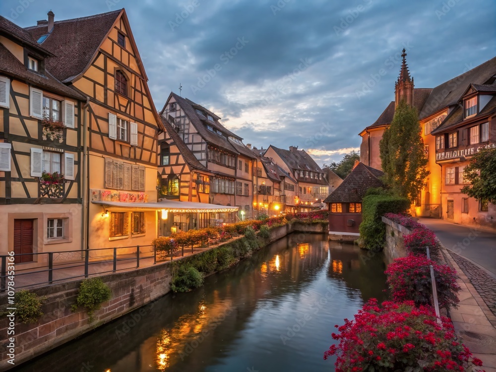 Naklejka premium Captivating Long Exposure of Colmar's Architectural Beauty at Dusk with Reflections in Canals, Illuminated Historic Buildings, and Charming Streetscape