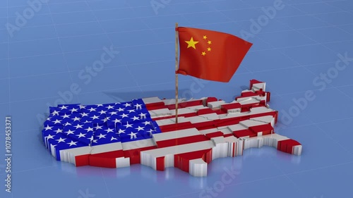 Volumetric map of the USA and waving flag of China close-up. 3D render.