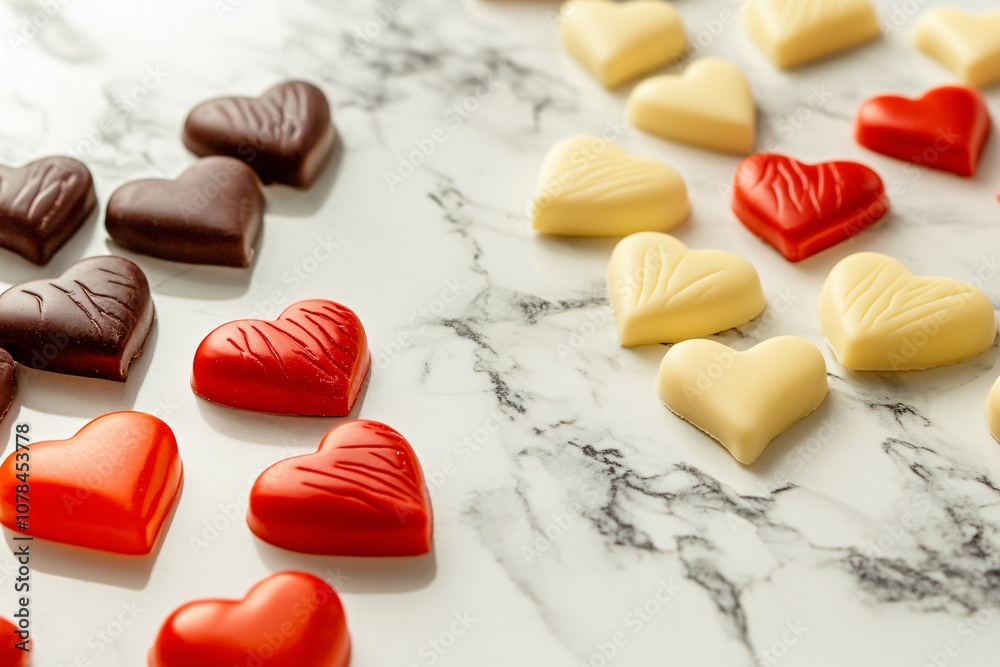 Colorful Heart-Shaped Chocolates Arranged on a Marble Surface for Special Occasions and Celebrations, Perfect for Gifts, Treats, or Desserts Colorful Heart-Shaped Chocolates Arranged on a Marble Surface for Special Occasions and Celebrations, Perfect for Gifts, Treats, or Desserts