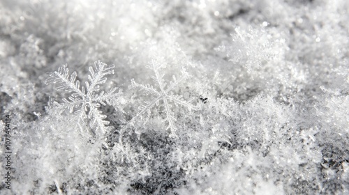 Close-up of snowflakes, macro image of snow in winter