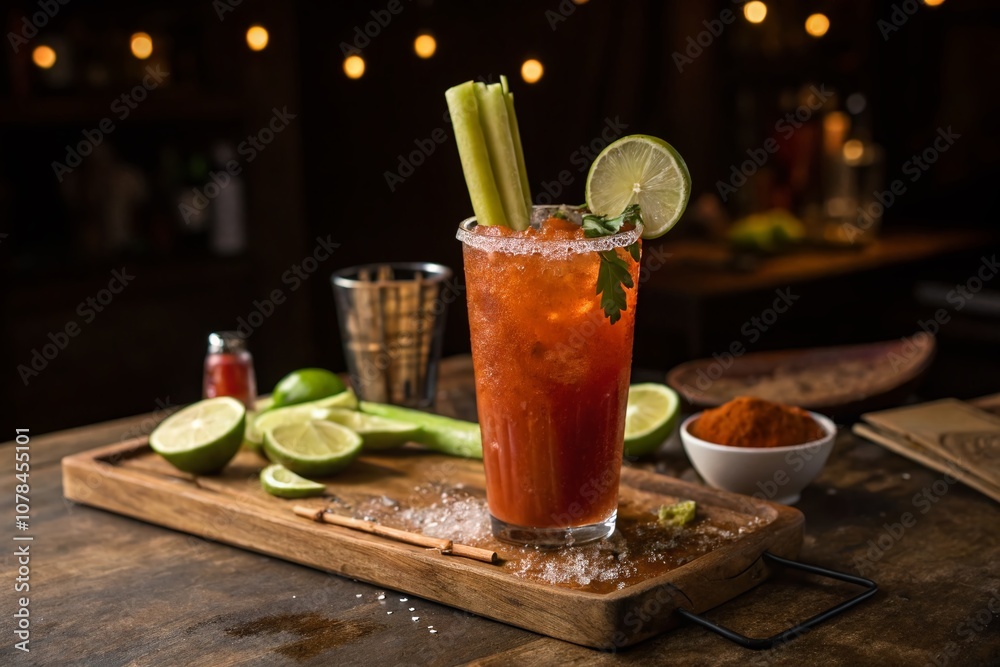 Captivating Low Light Photography of a Refreshing Michelada Drink with Garnishes and a Rustic Background for a Cozy Evening Vibe Captivating Low Light Photography of a Refreshing Michelada Drink with Garnishes and a Rustic Background for a Cozy Evening Vibe