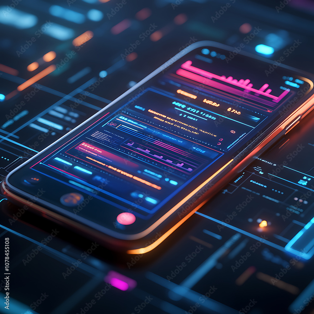 digital wallet interface displayed on smartphone, showcasing customizable features and vibrant colors. futuristic design highlights user friendly navigation and data visualization