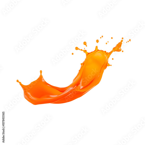 An isolated splash of fresh fruit juice orange in a vibrant, dynamic shape that looks like it's caught in motion. The juice splash is detailed with droplets and texture, perfect for adding 