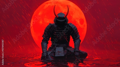 Red Devil with Sword in Dark Halloween Night with Fiery Pumpkin and Skull