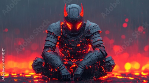 The image could be named as Firefighter in Action with Helmet and Protective Gear Surrounded by Intense Flames