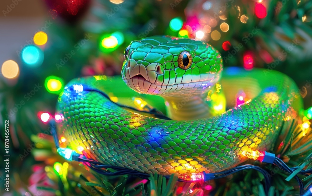 Festive Snake with Christmas Lights A cheerful green snake wrapped in colorful Christmas lights, with a sparkling, decorated pine tree in the background