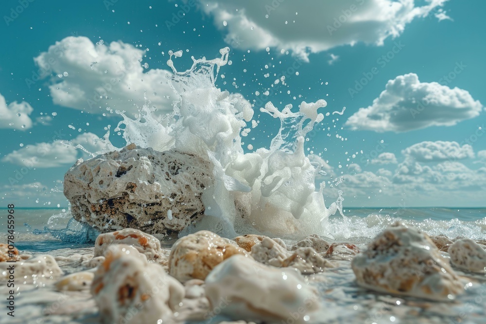 A wave crashes on the shore creating a splash of foam and water droplets. A wave crashes on the shore creating a splash of foam and water droplets.