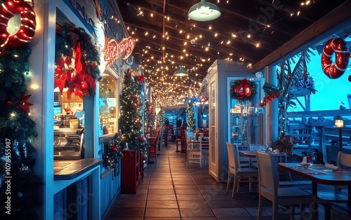 Festive Seafood Restaurant by the Coast â€“ Seaside restaurant decorated with coastal-themed holiday decor, featuring seafood dishes and holiday lighting  photo