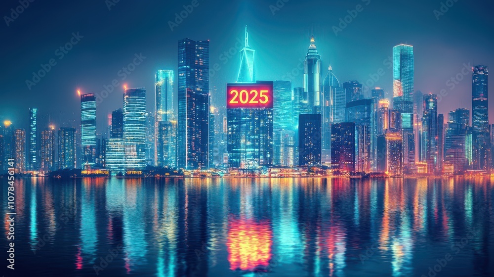 Spectacular Cityscape of Towering Buildings with Illuminated Skyscrapers Reflecting on Water Under Night Sky in Futuristic Setting for 2025 Spectacular Cityscape of Towering Buildings with Illuminated Skyscrapers Reflecting on Water Under Night Sky in Futuristic Setting for 2025