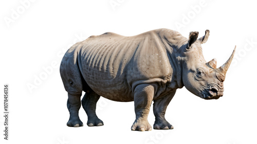 White Rhino Standing: An isolated white rhinoceros stands majestically, showcasing its powerful presence and intricate details. Transparent Background.