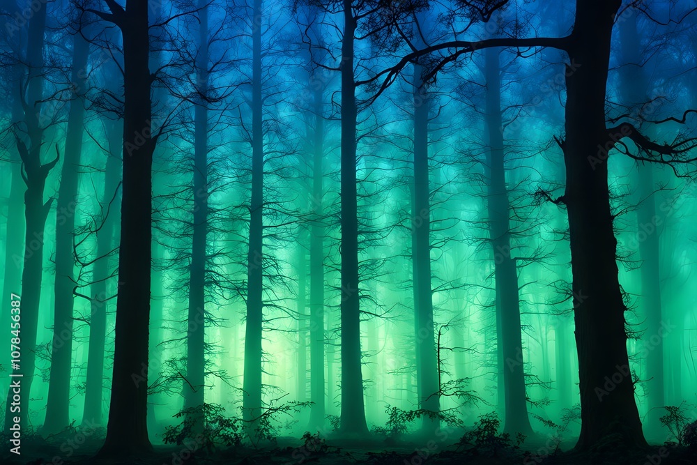 Silhouette of multiple trees in a foggy forest with a glowing neon green and blue background, AI Generated Silhouette of multiple trees in a foggy forest with a glowing neon green and blue background, AI Generated