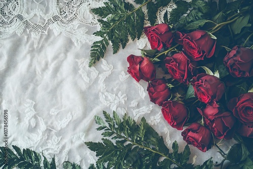 Romantic arrangement of red roses and fern leaves on elegant white lace background, perfect for expressing love, beauty, and affection in any occasion or celebration.
