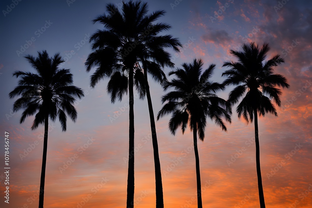Silhouette of tall palm trees against a sunset sky transitioning from orange at the horizon to dark, AI Generated Silhouette of tall palm trees against a sunset sky transitioning from orange at the horizon to dark, AI Generated