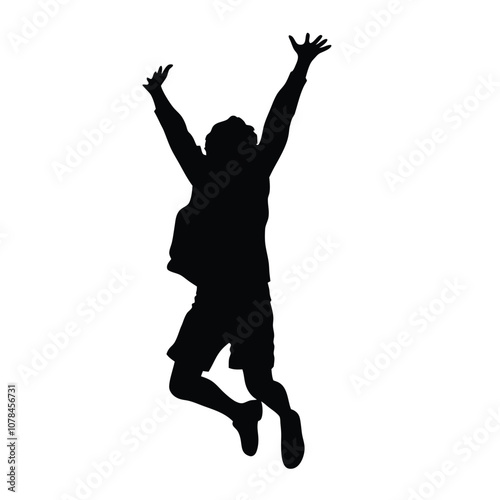 A person is jumping in the air. The person is wearing shorts and a shirt