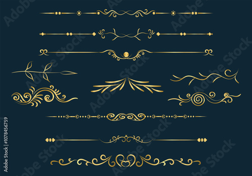Set of Decorative vintage frames and borders set, Gold photo frame with corner Thailand line floral for picture. Gold Ornate vintage frames and scroll elements. Classic calligraphy swirls, swashes