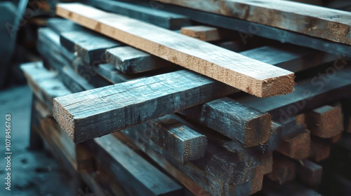 Close-up view of a pile of wooden boards and planks stacked neatly in a construction warehouse with natural lighting