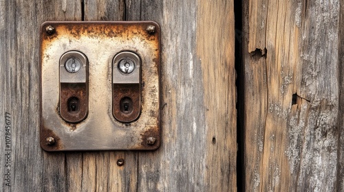 Close-up of a vintage lock mechanism mounted on weathered wooden door, showcasing rust, wear, and unique texture with a rustic aesthetic for architectural photography