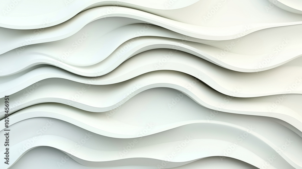 Obraz premium Abstract 3D illustration of layered wavy shapes in neutral white and gray tones, creating a soft undulating texture.