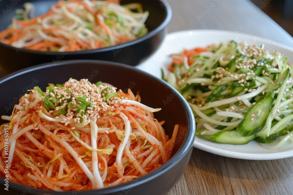 Mung bean sprout salad and kimchi cucumber a Korean side dish Mung bean sprout salad and kimchi cucumber a Korean side dish